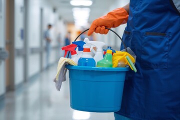 Hospital Cleaning Staff with Sanitizing Supplies Ensuring Hygiene and Disinfection in a Medical Facility