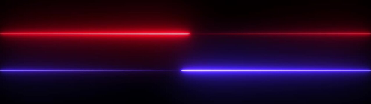 Red and Blue Laser Beams Extending Horizontally Across a Dark Background with Contrasting Glows light