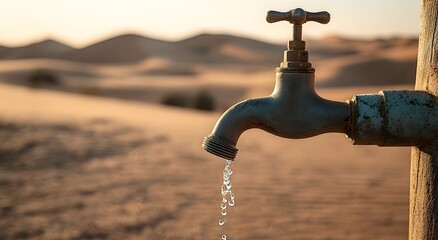 A close-up of a  water tap dripping in the middle of a dry desert. The image symbolizes water scarcity, drought, and environmental issues related to climate change and resource depletion.