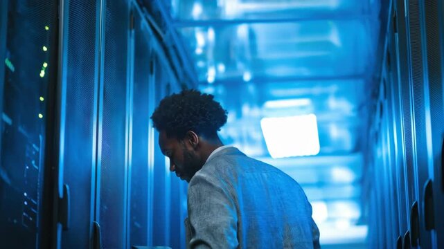 Medium shot of cloud architect configuring platform services migration integrating scalable resources for enhanced cloud environment flexibility.