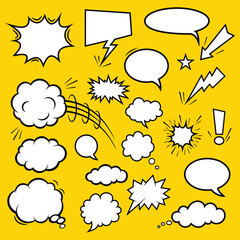 Comic Style Speech Bubbles and Explosions on Yellow Background