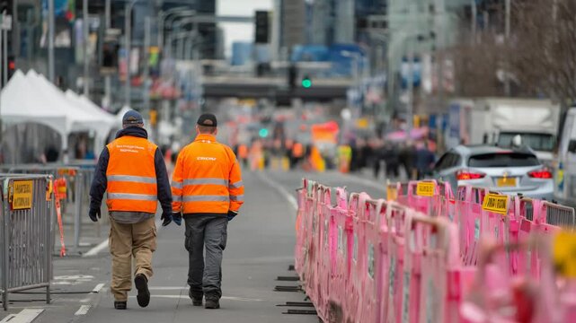 Medium shot of traffic controllers directing vehicles and pedestrians smoothly at a busy event entrance with temporary barriers and signage.