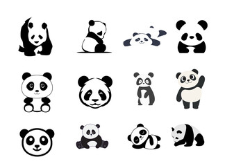 Collection of cute cartoon panda bear illustrations in various playful poses and expressions on a white background © Nurul