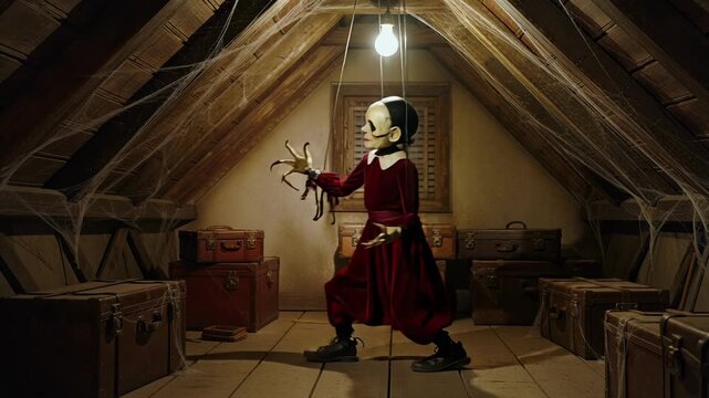 Creepy Marionette Puppet Dancing: A Looping Spooky Performance on Its Own