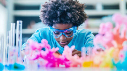 Focused young student in blue safety goggles meticulously examining vibrant, colorful science experiment setup in bright laboratory classroom