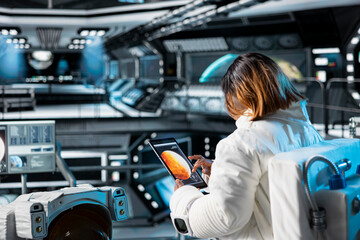 Astronaut checks tablet before landing spaceship on Mars to support mission exploring life beyond Earth. Crew prepares to study red planet surface and test future human survival in deep space