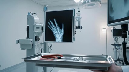Sterile operating room featuring advanced medical equipment with a hand x ray displayed on a monitor, as a doctor's hand enters the frame holding a tray of surgical instruments for a procedure