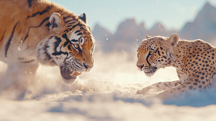 Powerful Siberian tiger and swift cheetah engage in intense stare-down amidst dramatic, snow-dusted mountain wilderness