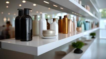 Aesthetic retail composition — clean shelves with organized haircare bottles, reflections on glossy packaging surfaces, calm white background, with copy space.