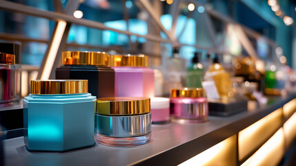 Well-lit store section &mdash; colorful cosmetic containers and jars in geometric arrangement, metallic and pastel tones glowing under lights, with copy space.