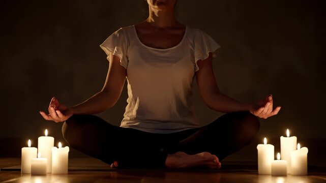 A person meditating in a lotus position surrounded by lit candles in a dimly lit room, promoting peace and mindfulness vector illustration