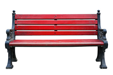 Red park bench with ornate black metal frame; isolated