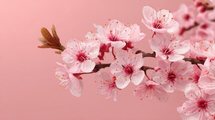 Close up of cherry blossoms in full bloom on a soft pink background