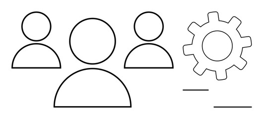 Three simplistic person icons paired with a gear, signifying teamwork, collaboration, workflow efficiency. Ideal for business, organization, teamwork, management productivity leadership process. A