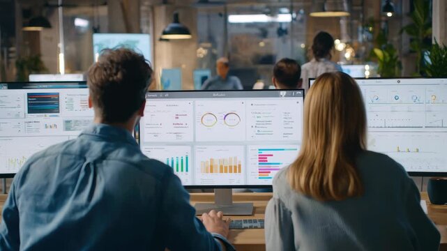 Medium shot of a team using an automated performance management system on digital devices to track goal alignment and outcome efficiency in a modern office setting.
