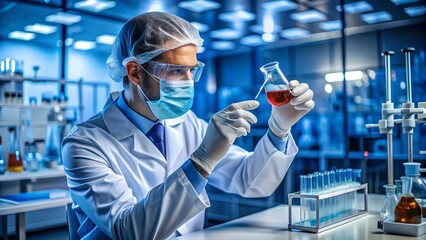 Scientist carefully examining a red liquid in a flask in a modern laboratory environment setting