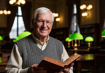 Elderly Man Reading a Book in a Library with Green Lamps senior man