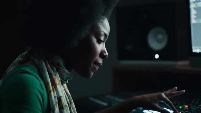 A young woman with an afro and scarf adjusts knobs on a sound mixing board in a dimly lit recording studio, focusing on her work vector illustration