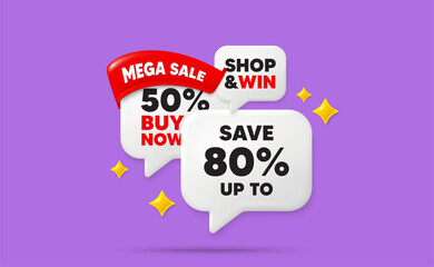 Discount speech bubbles. Mega sale flag ribbon. Save up to 80 percent tag. Discount Sale offer price sign. Special offer symbol. Discount chat bubbles with 3d sparkles. Vector
