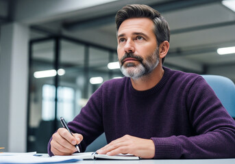 Man with grey beard writing in notebook at desk in office graphic design