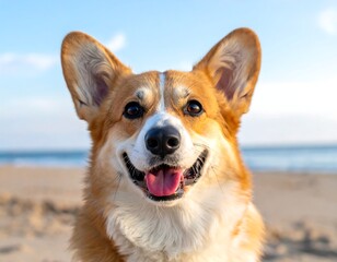 Happy corgi at beach