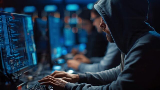 A cinematic close-up of a hacker in a dark hoodie intensely focused on a glowing computer screen, infiltrating global software systems and exploiting vulnerabilities in the digital cyber world