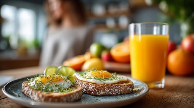 Delicious Breakfast of Toast with Eggs and Fresh Juice on a Rustic Table