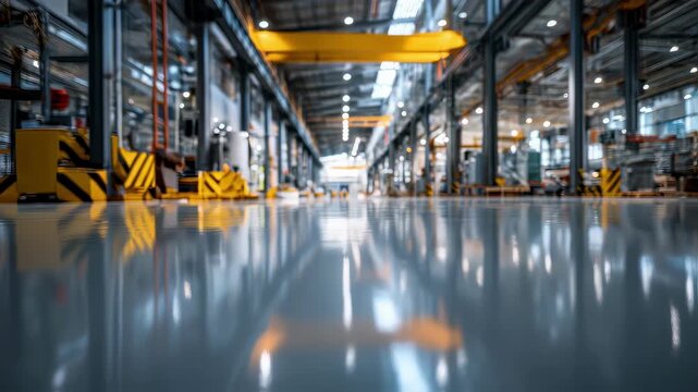 Medium shot of smooth seamless industrial epoxy floor with polished surface main area in sharp focus and background blurred for modern factory setting.
