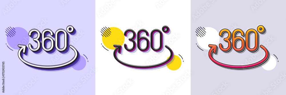 Wall mural 360 degree line icon. halftone dotted pattern. gradient icon with grain shadow. full rotation sign. 