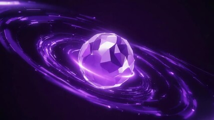 A glowing purple faceted crystal orb surrounded by swirling luminous purple energy rings against a dark background - Powered by Adobe