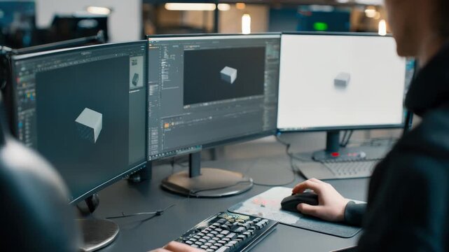 Medium shot showcasing a professional using AIpowered rendering tools to transform 3D models into photorealistic visuals on a highresolution monitor.
