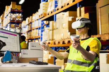 Virtual reality glasses and tracking software helps worker manage e-commerce order fulfillment, man in hi vis vest using 3D simulations for parcel tracking and inventory updates. Storage racks.