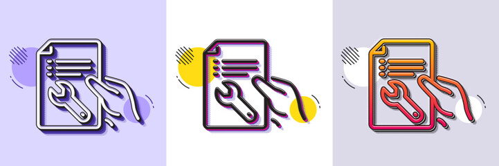Spanner tool line icon. Halftone dotted pattern. Gradient icon with grain shadow. Repair service document sign. Fix instruments symbol. Line repair document icon. Various designs. Vector