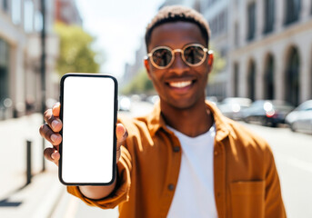Smiling Man Holding Smartphone with Blank Screen Outdoors graphic design
