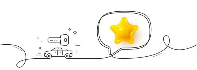 Car key line icon. Continuous line with 3d star. Rent transport sign. Buy new vehicle symbol. 3d star in speech bubble. Car key single line ribbon. Loop curve pattern. Vector