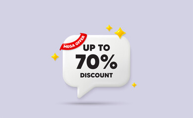 Discount tag chat speech bubble. Mega offer flag ribbon. Up to 70 percent discount. Sale offer price sign. Special offer symbol. Save 70 percentages. 3d sparkle stars speech bubble. Vector