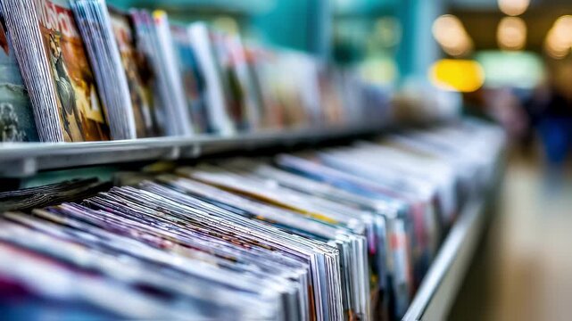 Modern newsstand shelving display emphasizing an orderly arrangement of glossy magazines the main shelf crisp and clear while surroundings remain softly blurred.