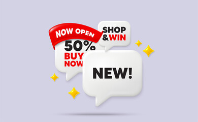 Arrivals speech bubbles. Now open flag ribbon. New tag. Special offer sign. New arrival symbol. Discount chat bubbles with 3d sparkles. Vector