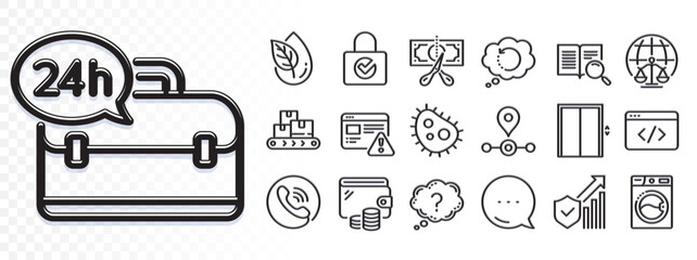 Seo script, Internet warning and Lift line icons for web app. Glare of light effect. Message icon. Pack of Washing machine, Search text, Magistrates court pictogram icons. Vector