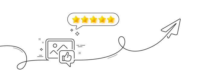 Like photo line icon. Continuous line with share plane. Thumbs up sign. Positive feedback, social media symbol. Five star rate review in speech bubble. Like photo single line ribbon. Vector