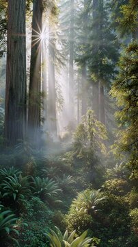Golden light rays pierce through the dense green canopy of a forest, creating a stunning and serene scene of natural beauty and vibrant foliage