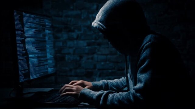 A cinematic close-up of a hacker in a dark hoodie intensely focused on a glowing computer screen, infiltrating global software systems and exploiting vulnerabilities in the digital cyber world