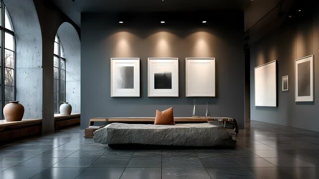 Modern Art Gallery Interior with Framed Artwork, Stone Bench, and Arched Windows, Featuring Contemporary Design and Minimalist Aesthetic