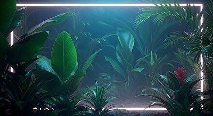 Botanical Jungle Neon Frame Exotic Flora Display Tropical Plant Background
