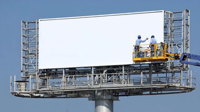 Installers using lifts and tools to place a large advertisement on a billboard structure capturing the dynamic process of outdoor advertising in diverse settings.