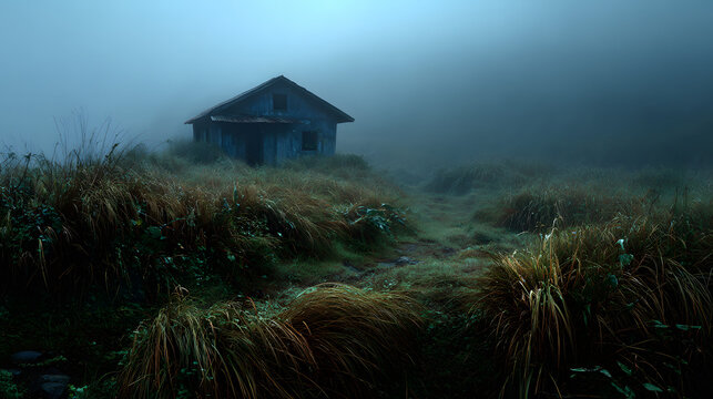 Abandoned hut in dense fog creating feeling of mystery and solitude
