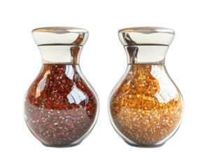 Two clear shakers hold different colored spices