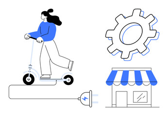 Woman on electric scooter connected to charging plug, gear symbol, and shopfront. Ideal for transportation, energy, business, technology, innovation city life eco-living themes. Simple flat