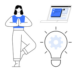 Calm woman in tree pose next to lit lightbulb with gear inside and laptop window. Ideal for wellness, innovation, productivity, balance, self-care, technology, creativity. Simple flat metaphor