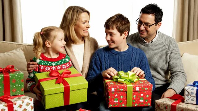 A happy family opening christmas presents together on the couch, smiling and excited vector illustration